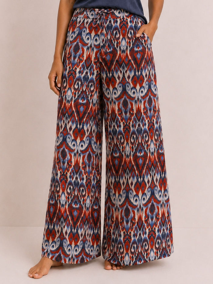 Amara - Wide Leg Lounge Pant in Red & Blue Multi
