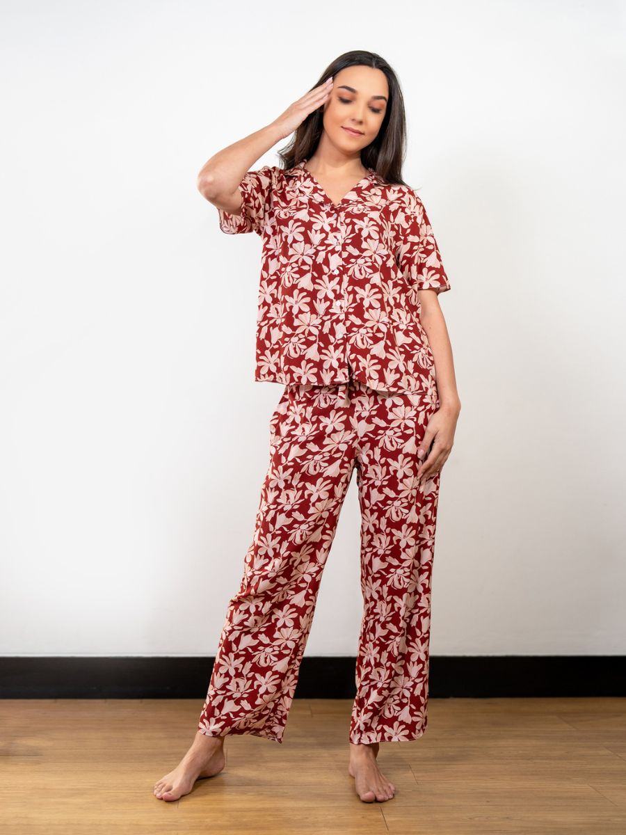 Ariella S/S Classic LPJ Set in Maroon Floral Multi 4
