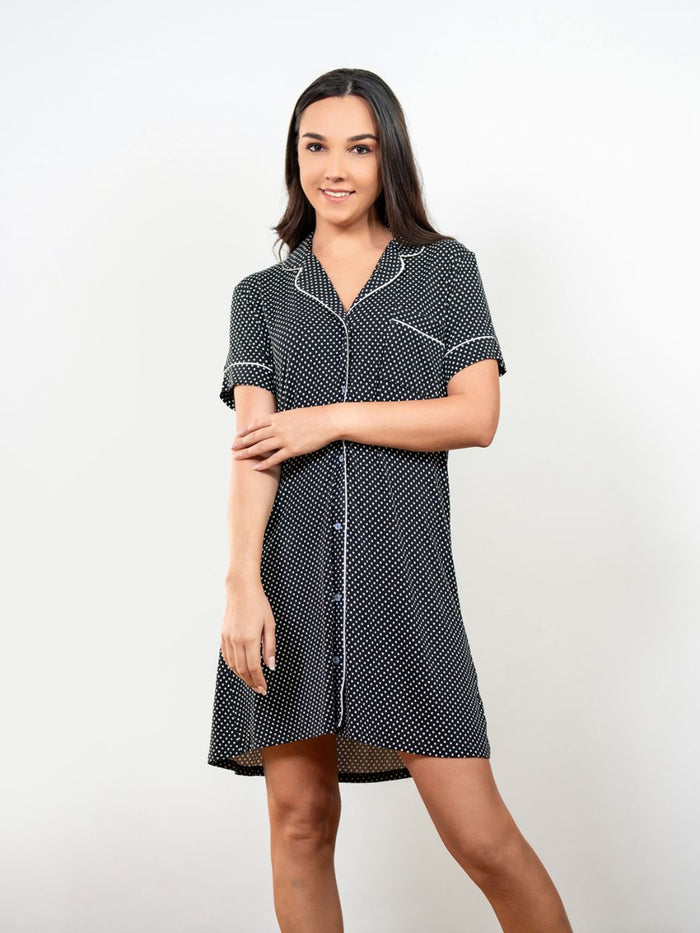 Ashanthi S/S Classic Sleep Shirt in Black & White Ditsy 1