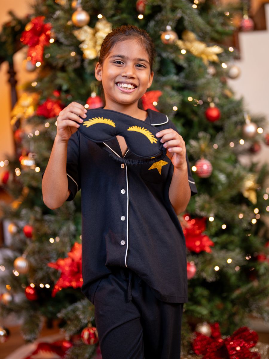 Aurora - Girls S/S Classic Top & Long PJ Set With Eye Mask in Black 3