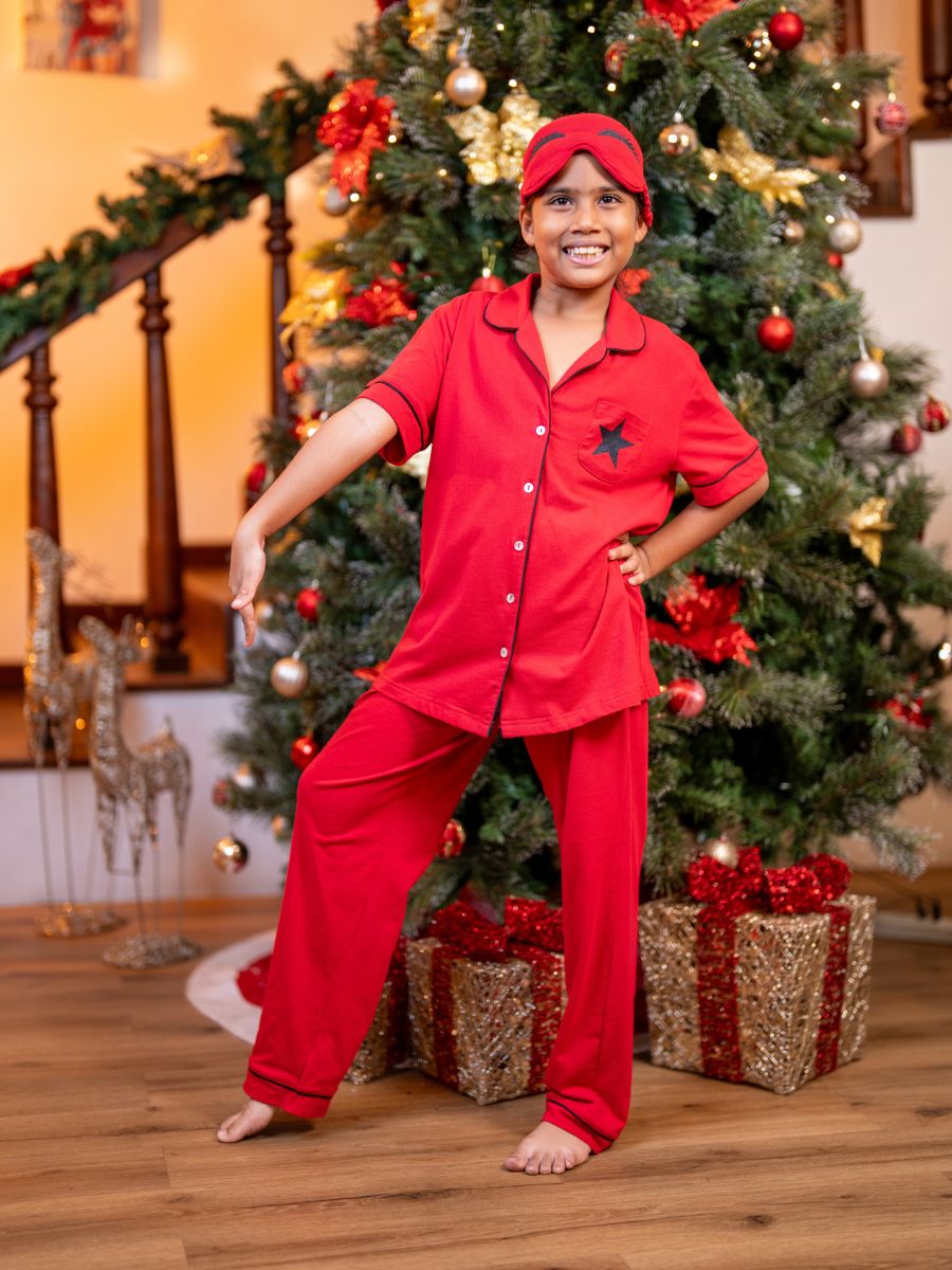 Aurora - Girls S/S Classic Top & Long PJ Set with Eye Mask in Tango Red 1