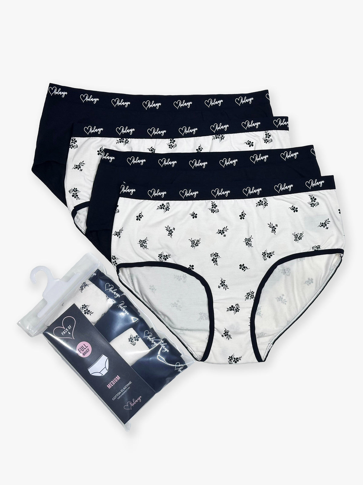 Dina - Midi Brief 4 Pack in Black & White Floral Combo