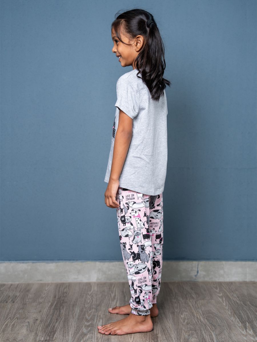 Clair Graphic Tee & Cuffed Long Pant Grey Marl & Puppy Print