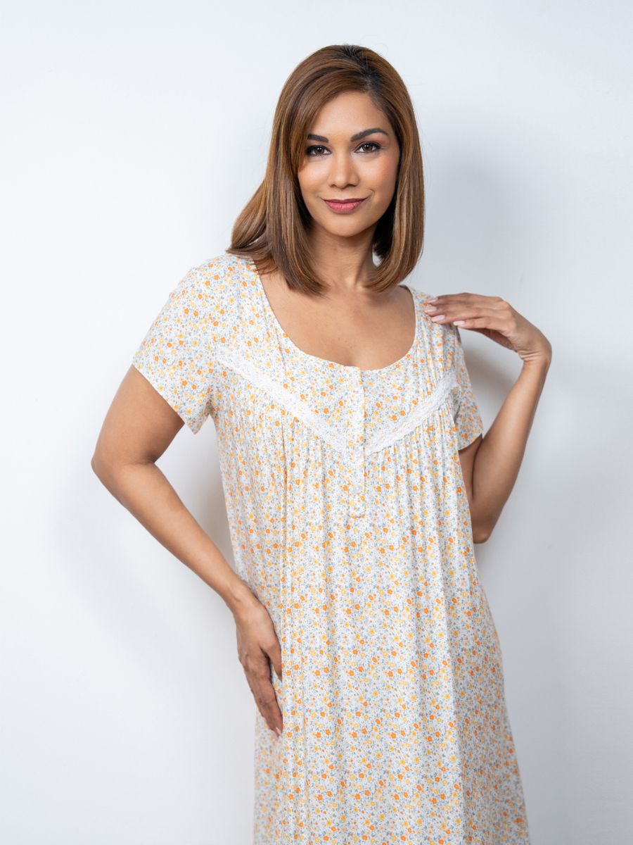 Dhalia - Short Sleeve Long Night Gown in Sunny Meadow Ditsy 4