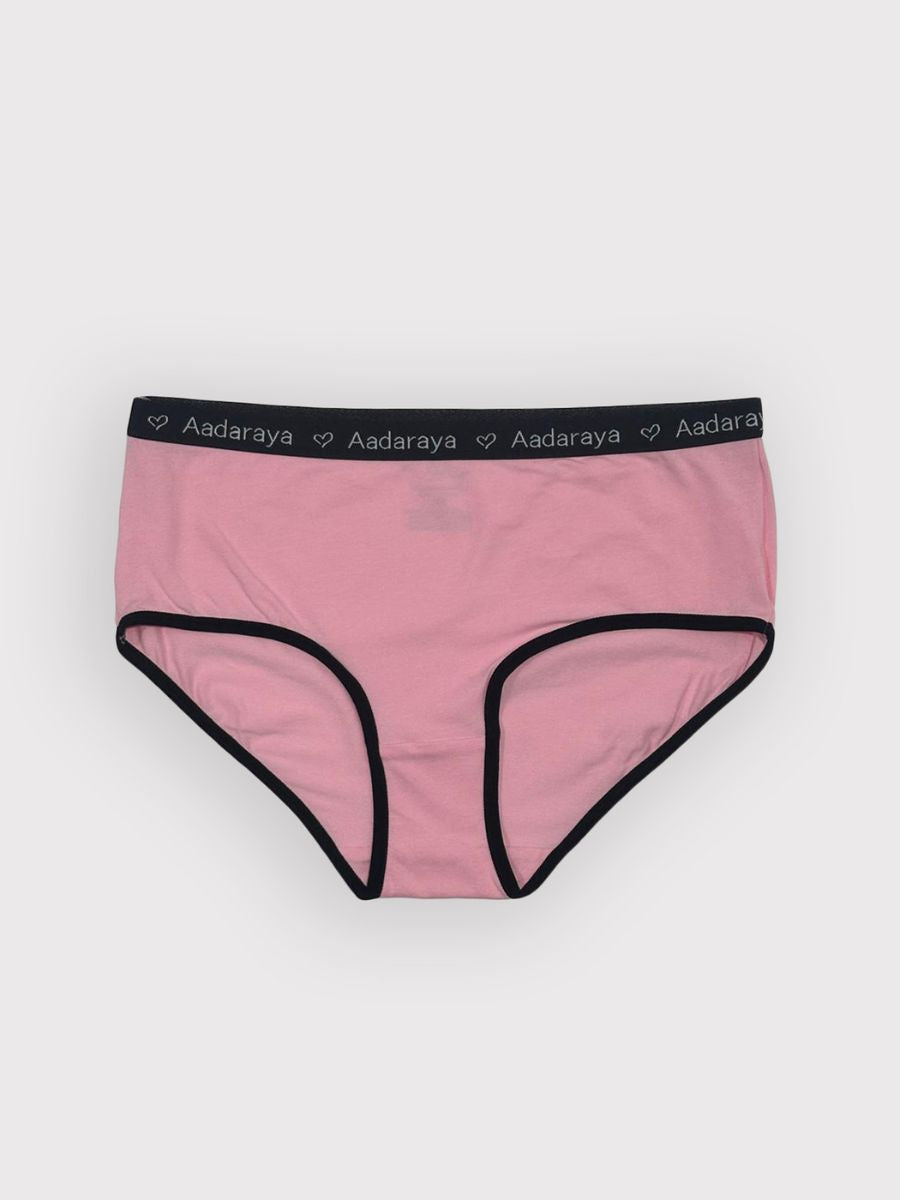 Pink underwear with black waistband on a white background