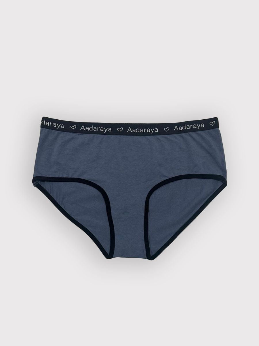 Blue underwear with black waistband on a white background