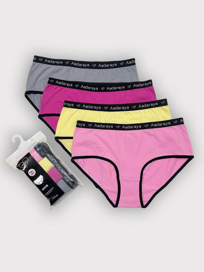 Four pairs of women's underwear in pink, yellow, gray, and black with 'Aadaraya' branding on a white background.