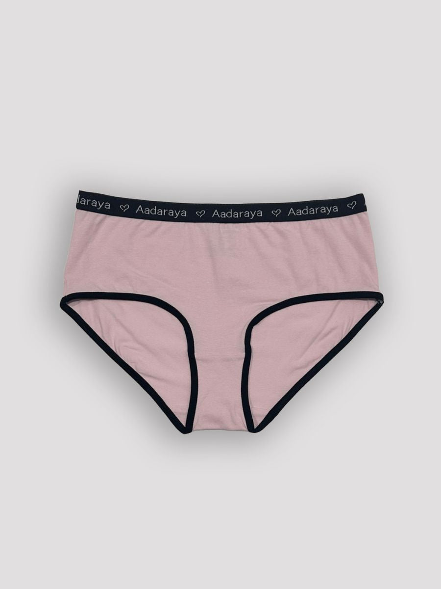 Pink underwear with black trim on a white background