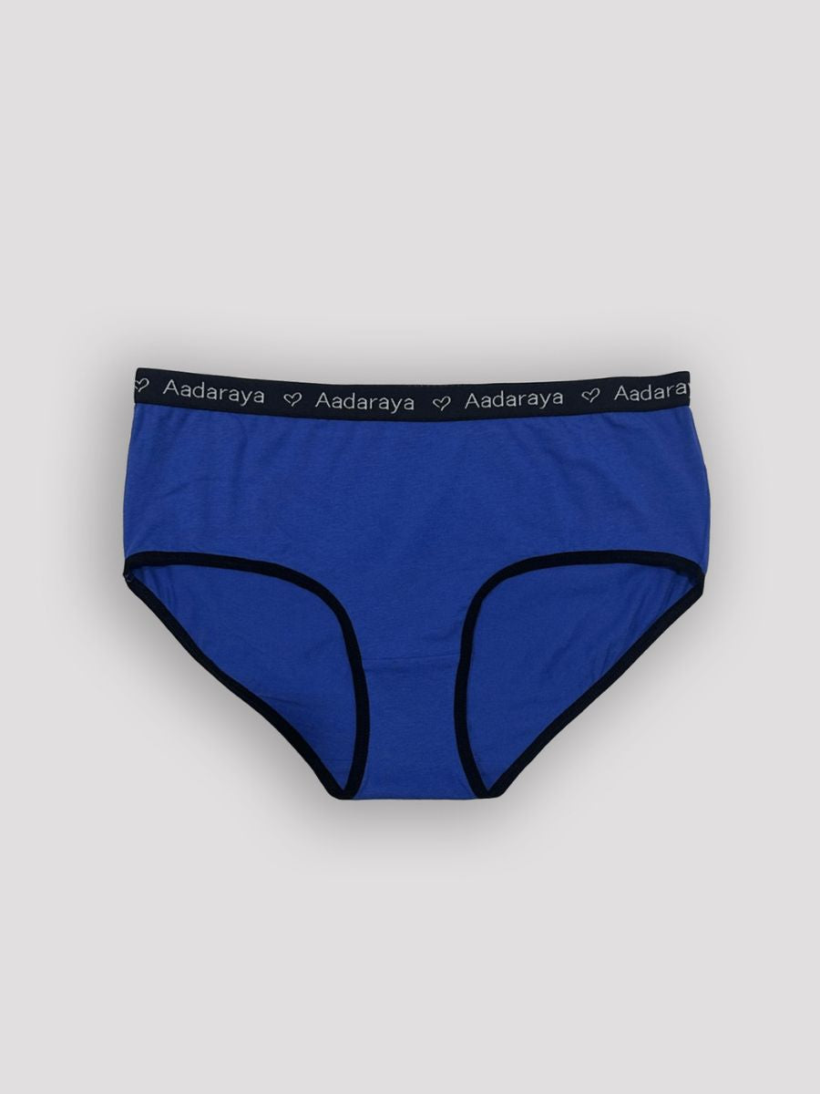 Blue men's underwear with black waistband on a light gray background