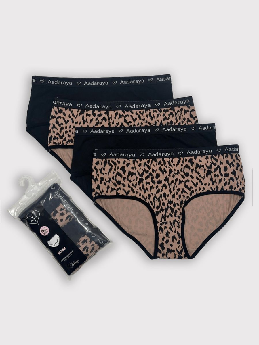 Dina - QD Logo Full Brief 4 Pack in Black & Animal Print Combo