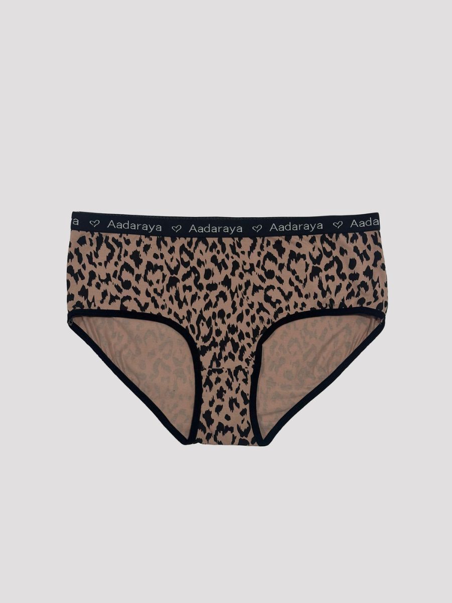 Leopard print underwear with 'Aadarshya' branding on a light gray background