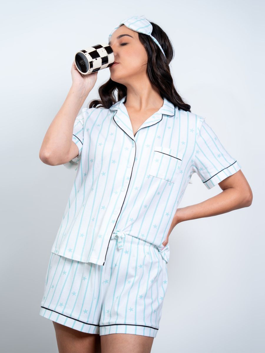 Evie - S/S Classic SPJ Set in Blue Tint Star Multi with Eye Mask 3
