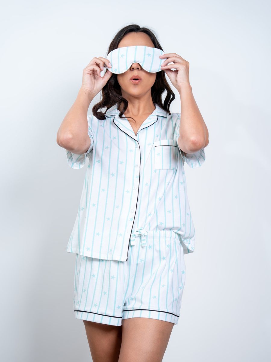 Evie - S/S Classic SPJ Set in Blue Tint Star Multi with Eye Mask 4