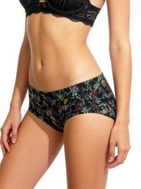 Person wearing black floral underwear on a white background