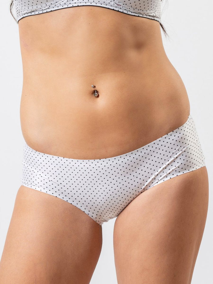 White polka dot underwear worn by a person on a white background