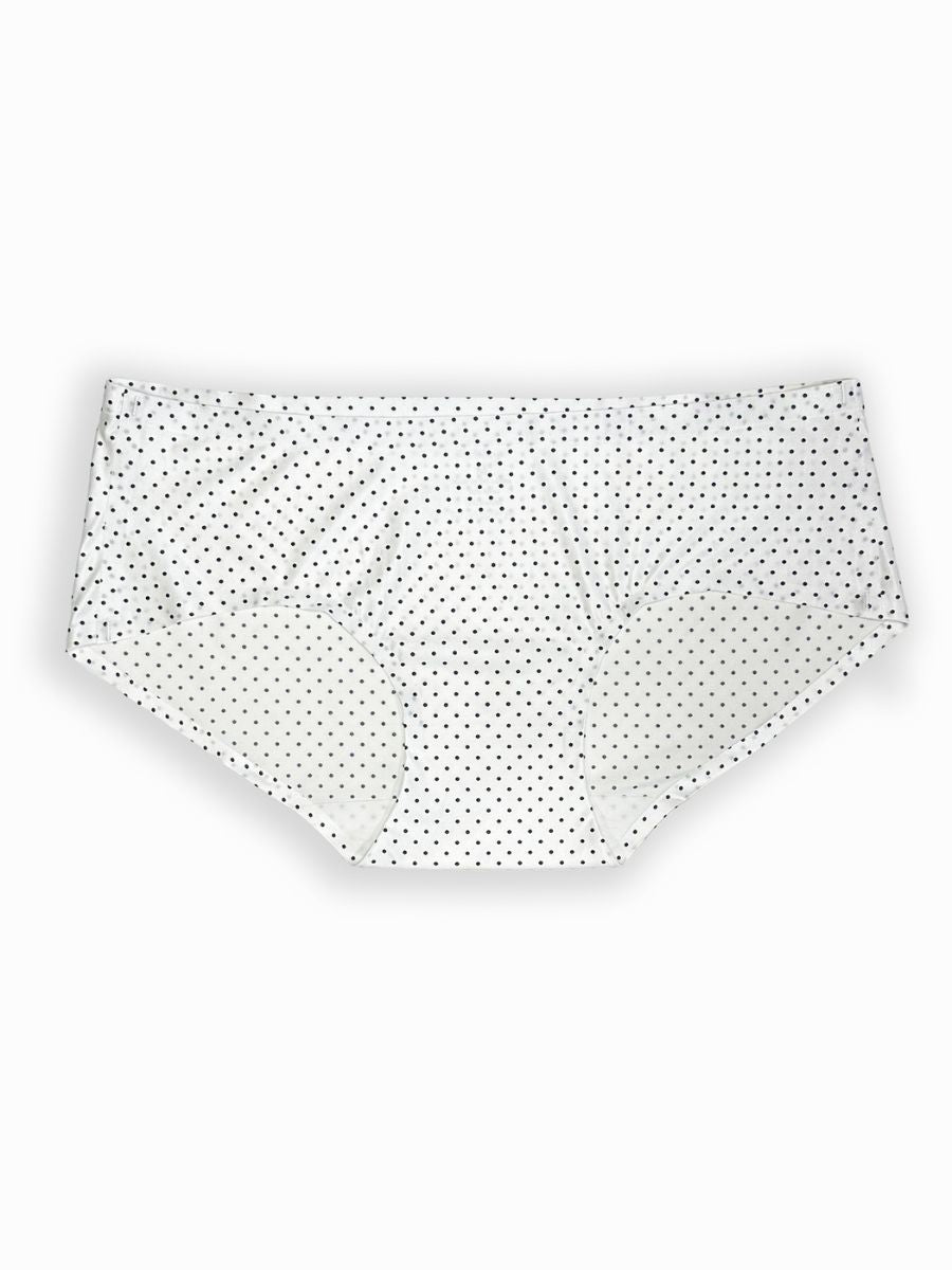 White underwear with black polka dot pattern on a white background