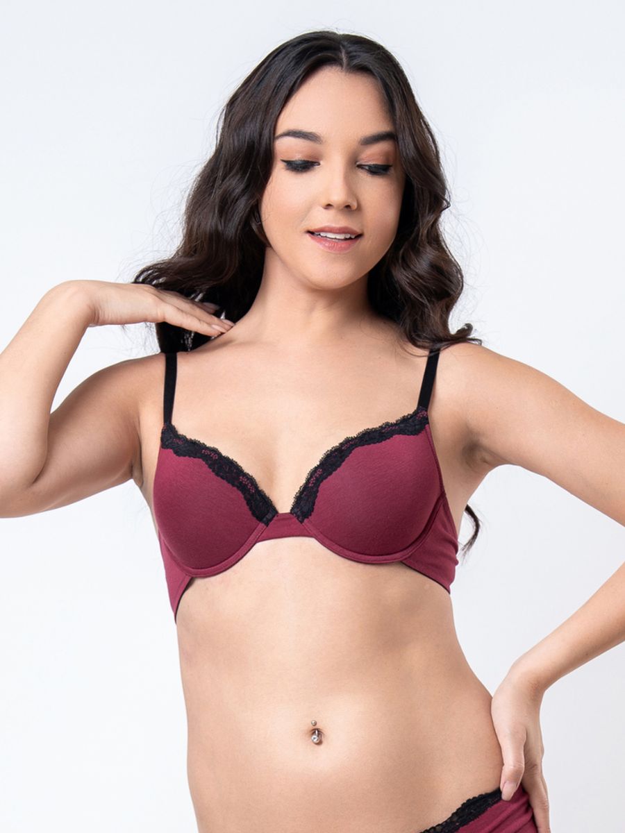 Jenna - T Shirt Full Coverage Plunge Bra Cotton in Wine 1