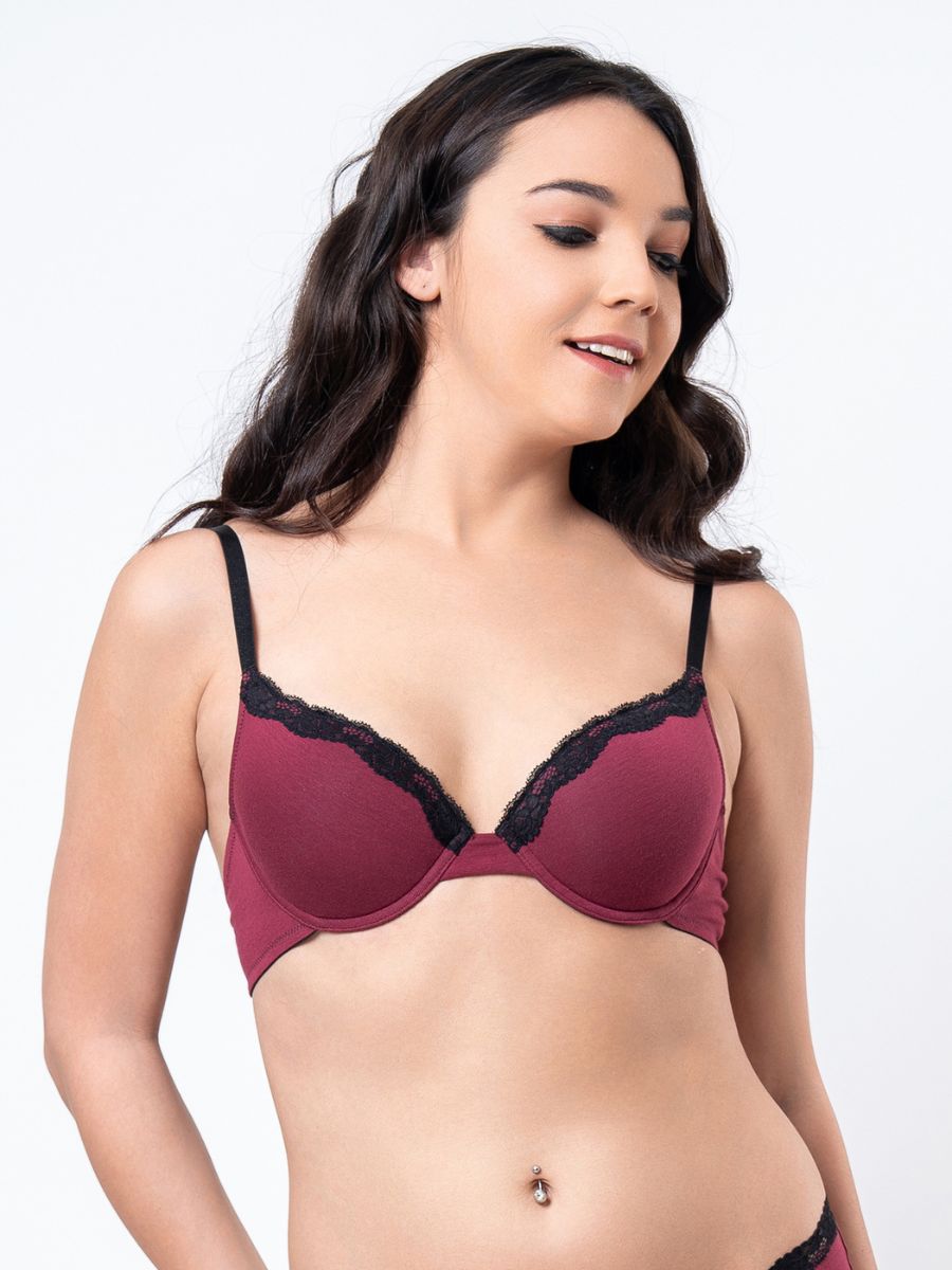 Jenna - T Shirt Full Coverage Plunge Bra Cotton in Wine 4