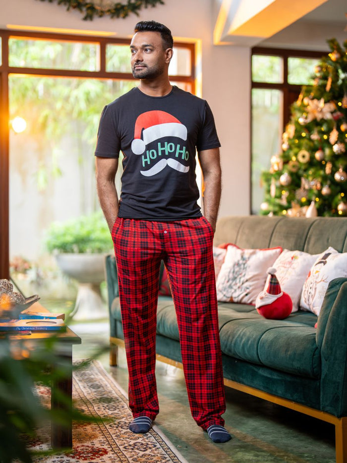 Joshua - Mens Graphic Tee & Long PJ Set in Black & Red Multi Checks 1