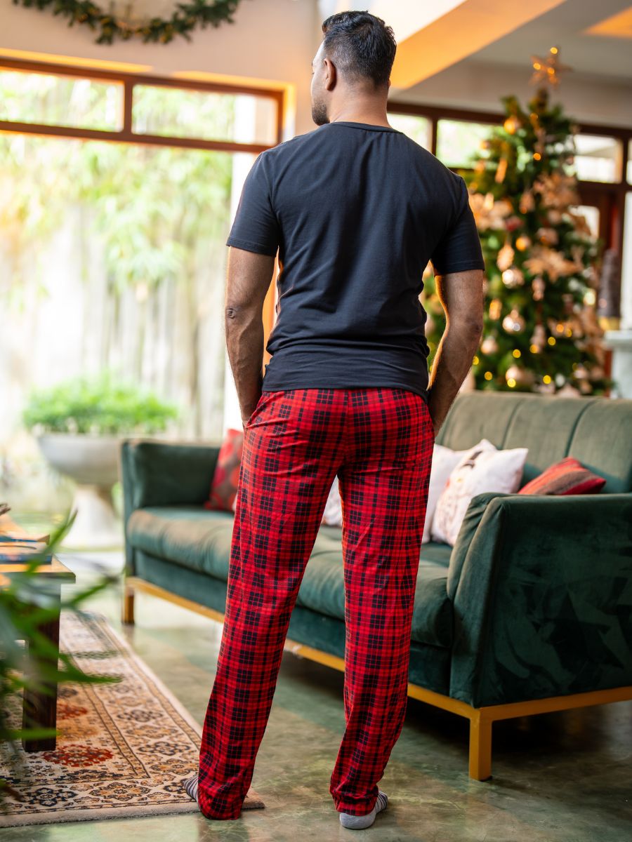 Joshua - Mens Graphic Tee & Long PJ Set in Black & Red Multi Checks 2