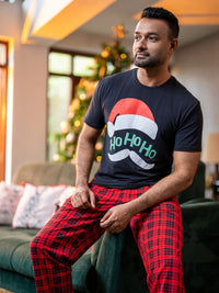 Joshua - Mens Graphic Tee & Long PJ Set in Black & Red Multi Checks 3