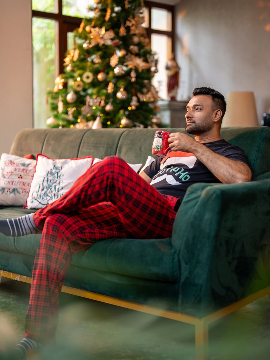 Joshua - Mens Graphic Tee & Long PJ Set in Black & Red Multi Checks 4