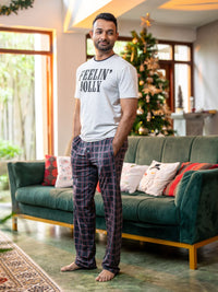 Joshua - Mens Graphic Tee & Long PJ Set in Grey Marl & Grey Multi Checks 2