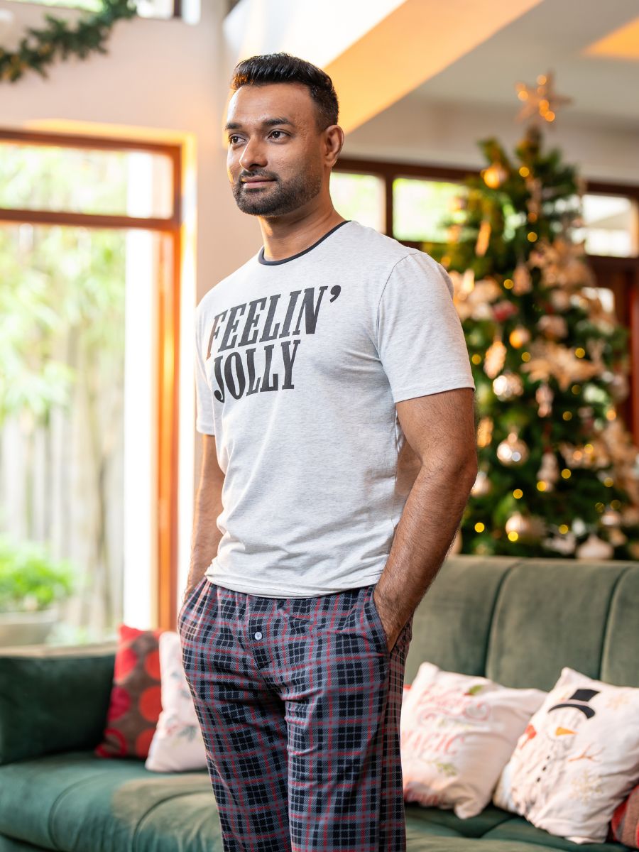 Joshua - Mens Graphic Tee & Long PJ Set in Grey Marl & Grey Multi Checks 3