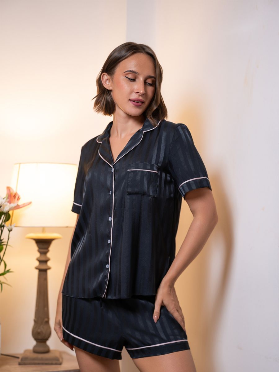 Lyanna - Short Sleeve Classic SPJ Set in Black Jacq Stripes 4