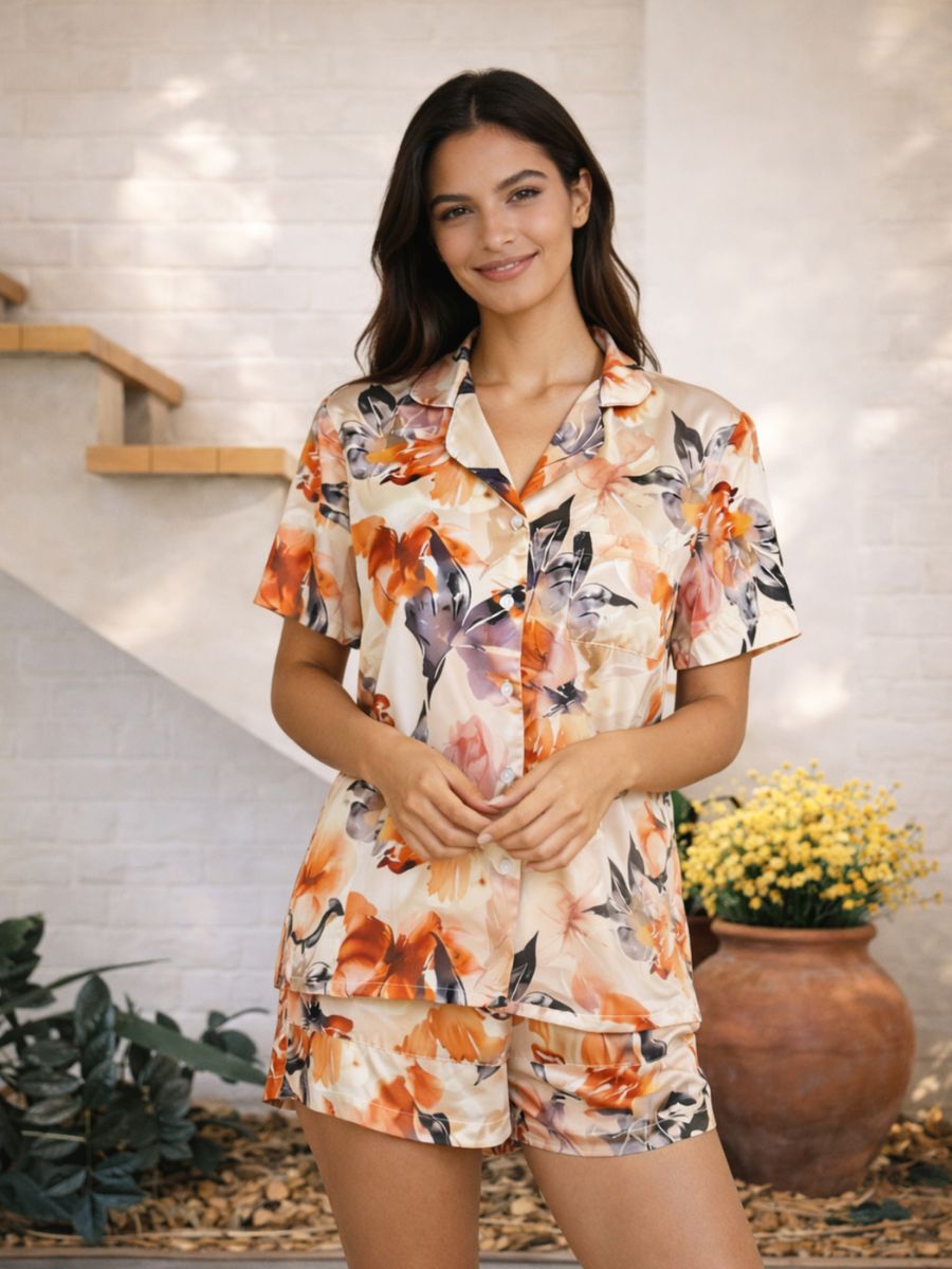 Woman wearing a floral pajama set standing in a home setting with plants.