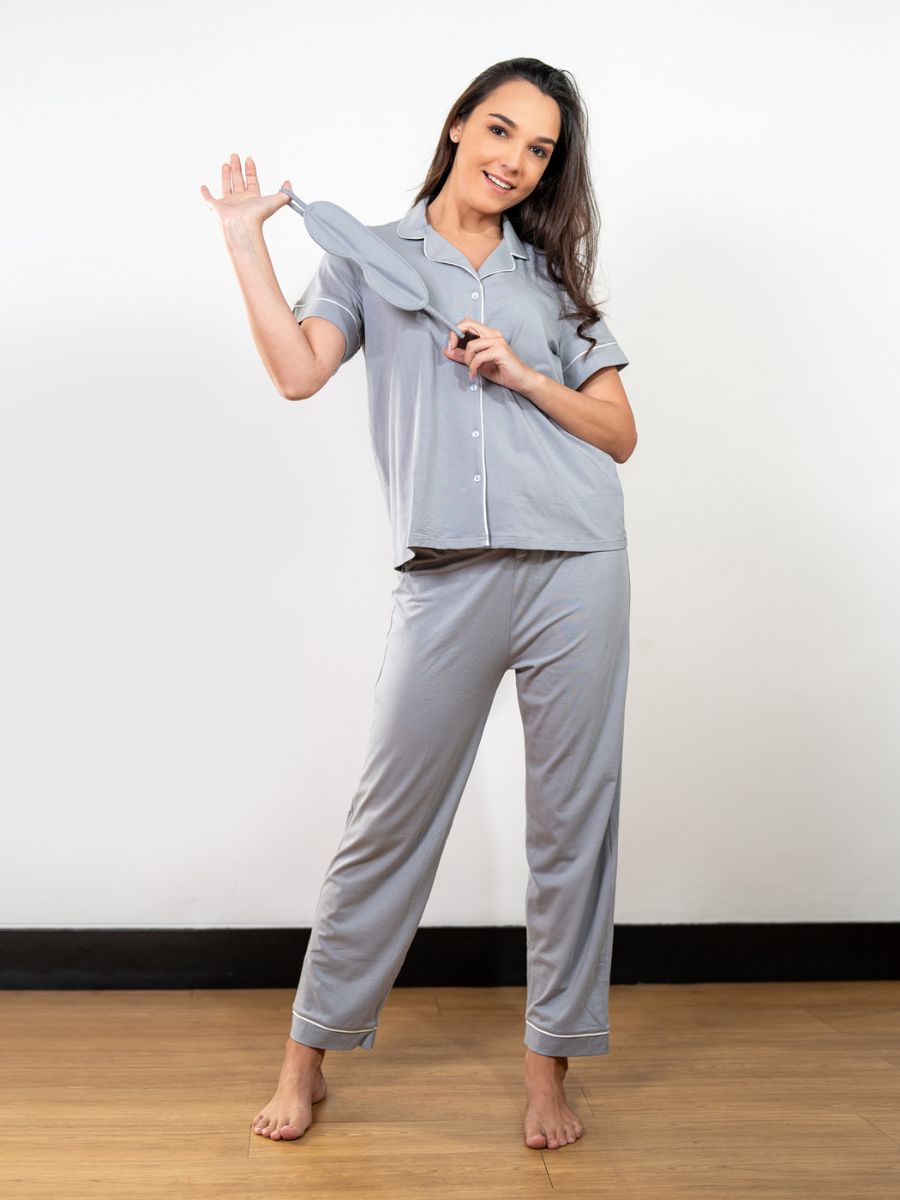 Lyla - SS Classic LPJ Set With Eye Mask in Grey Oats 1