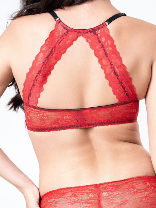 Meghan Racer Back Plunge Bra with Front Closure All Lace in Red 3