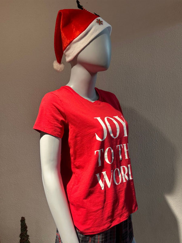 Mannequin wearing a red 'Joy to the World' t-shirt and Santa hat against a plain background