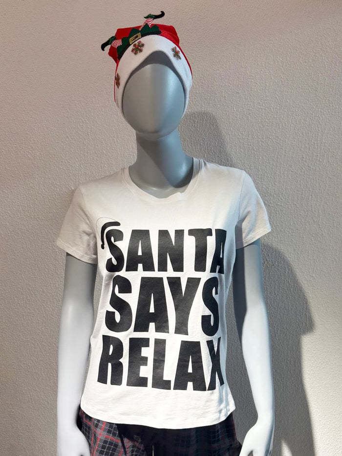 Mannequin wearing a white t-shirt with 'Santa Says Relax' text and a headband on a plain background