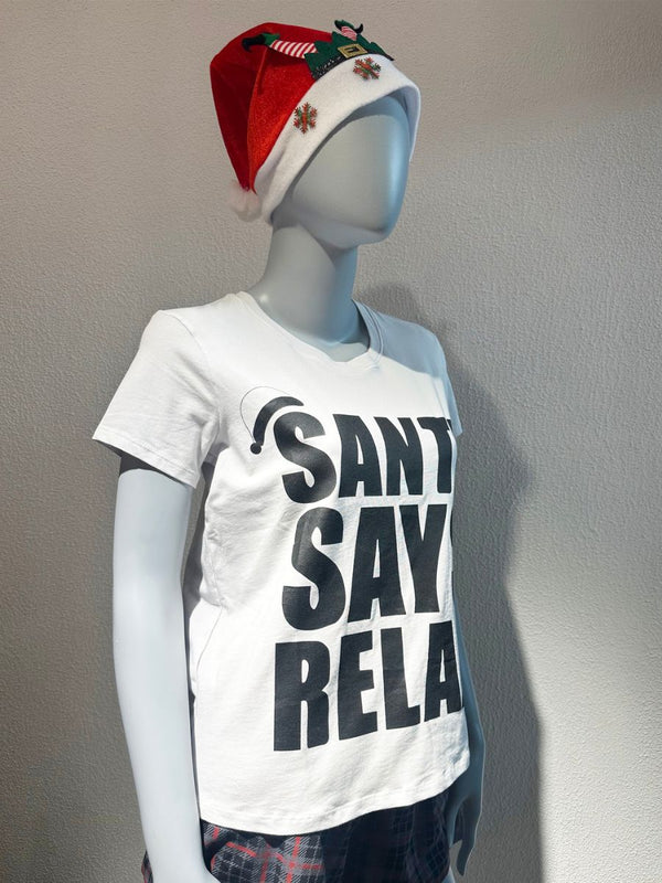 Mannequin wearing a white t-shirt with 'SANT SAY RELA' text and a Santa hat on a plain background