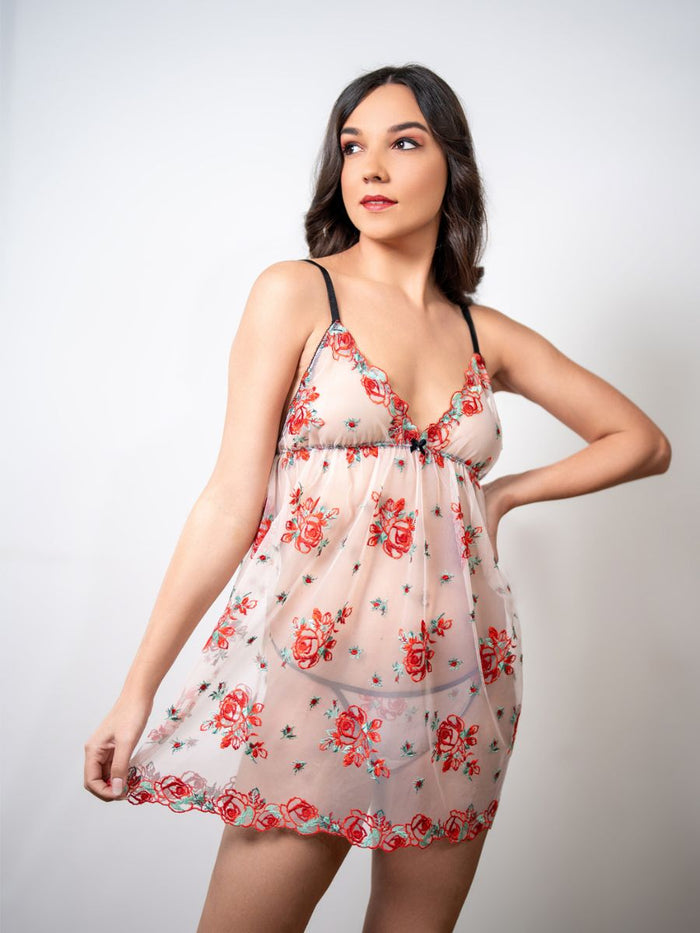Venessa - Baby Doll & Thong Set in Red & Nude Ember Lace 1