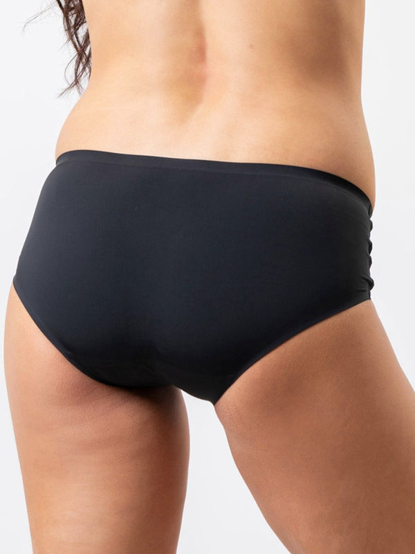 Black high-waisted bikini bottom on a neutral background