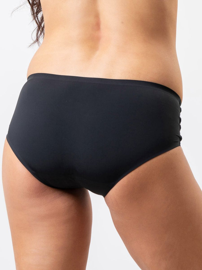 Black high-waisted bikini bottom on a neutral background