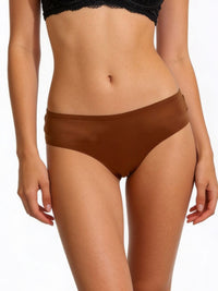 Brown bikini bottom worn by a person on a white background