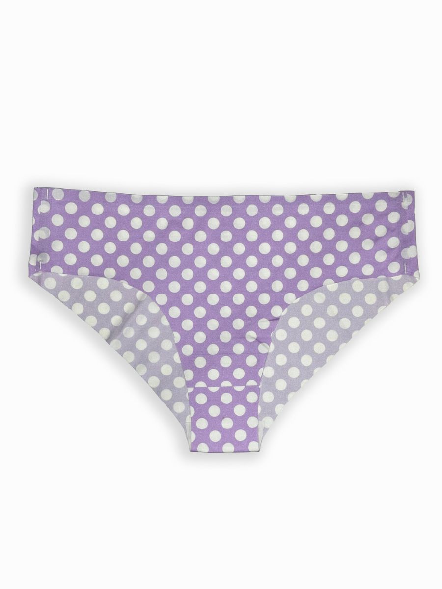 Purple underwear with white polka dots on a white background