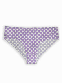 Purple underwear with white polka dots on a white background