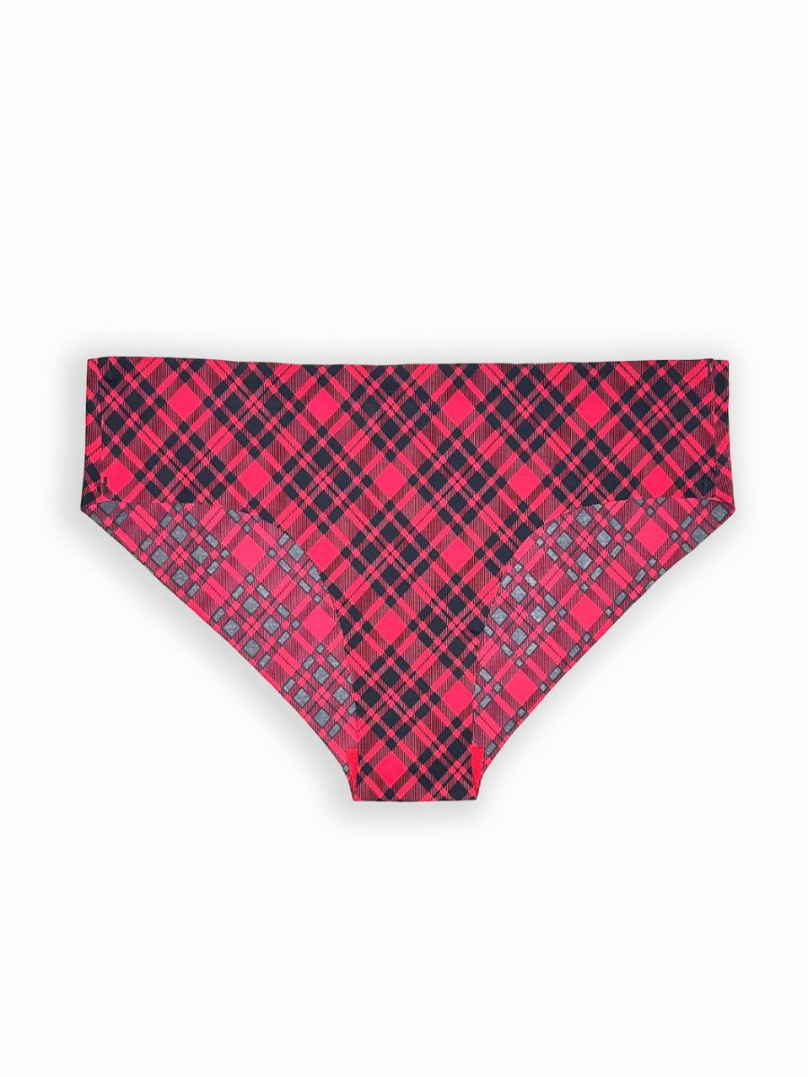 Red and black plaid patterned product on a white background