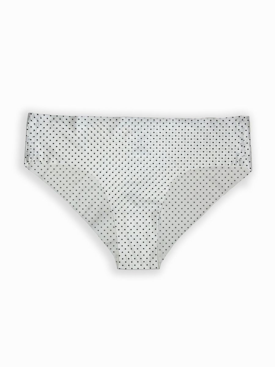 White underwear with black polka dot pattern on a white background
