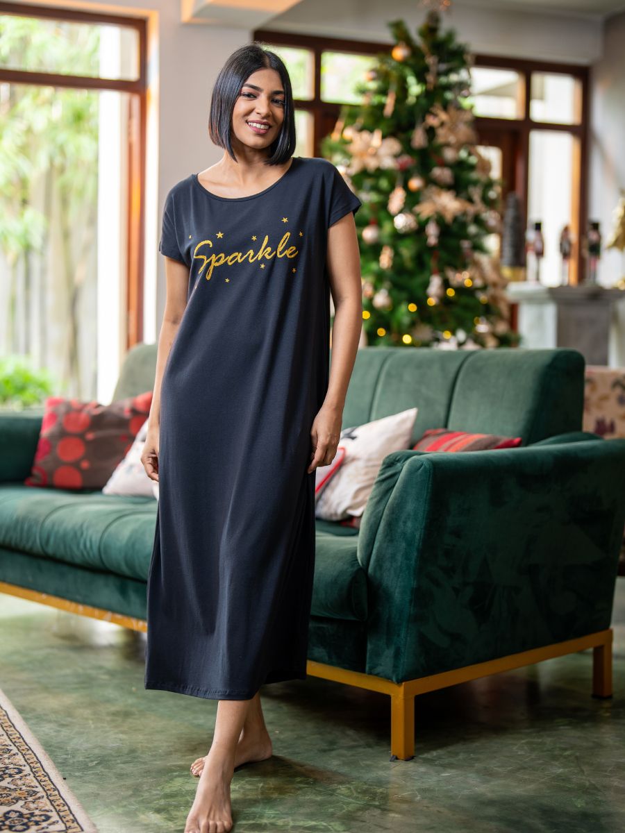 Zoe - Short Sleeve Long Sleep Shirt in Black 1