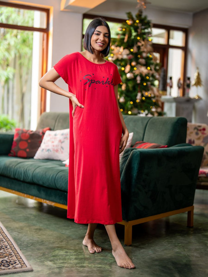 Zoe - Short Sleeve Long Sleep Shirt in Festive Red 1