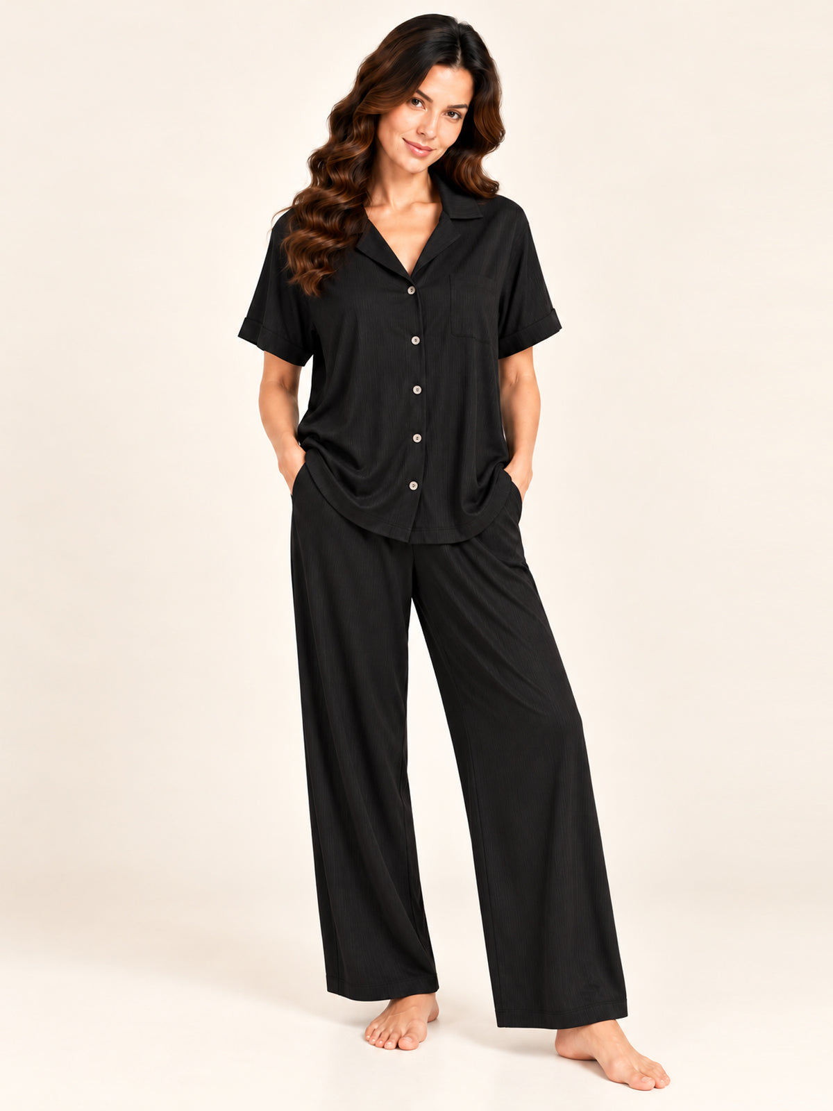 Adalyn modal long pyjama set in Black - front view