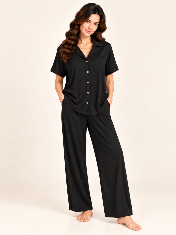 Adalyn modal long pyjama set in Black - front view