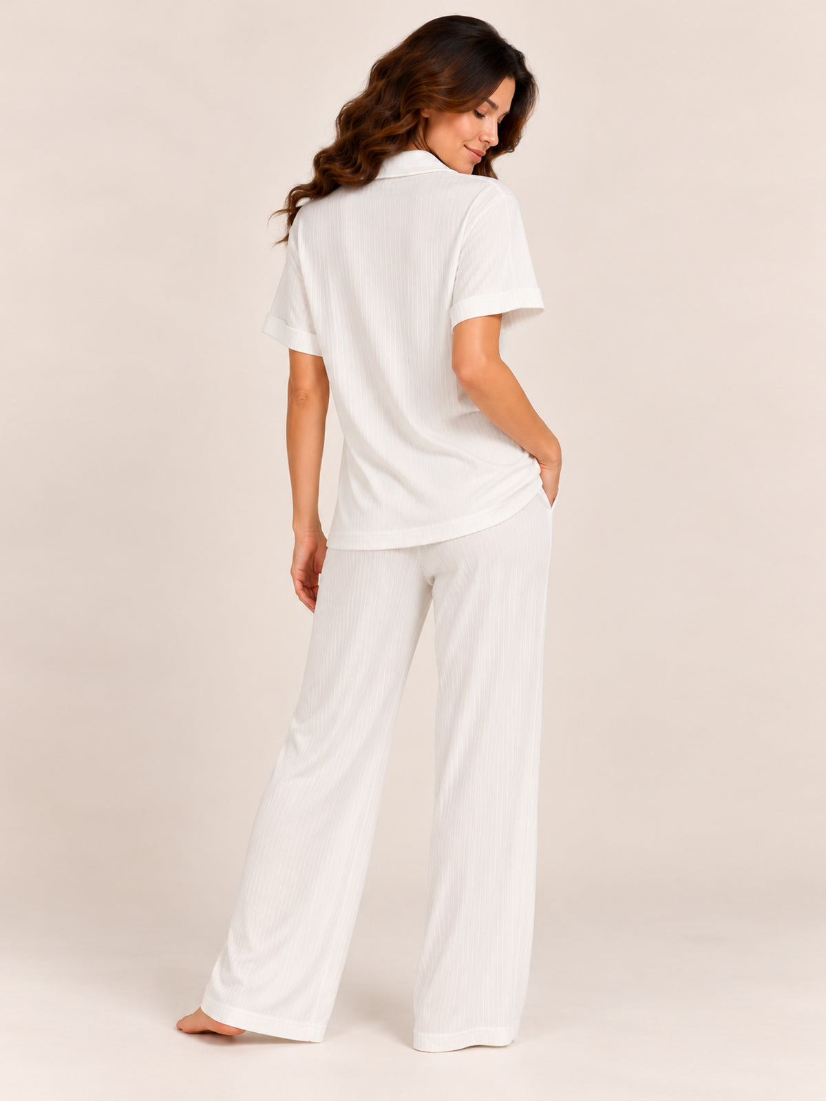 Adalyn modal long pyjama set in Ivory - back view