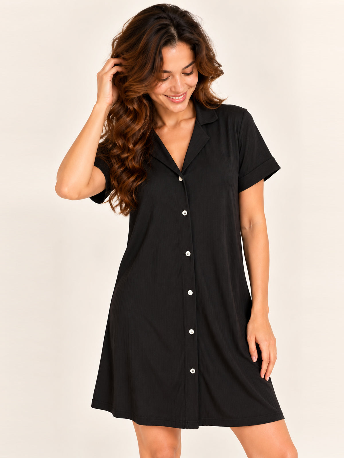 Ashanthi modal sleep shirt in Black - front view, relaxed pose