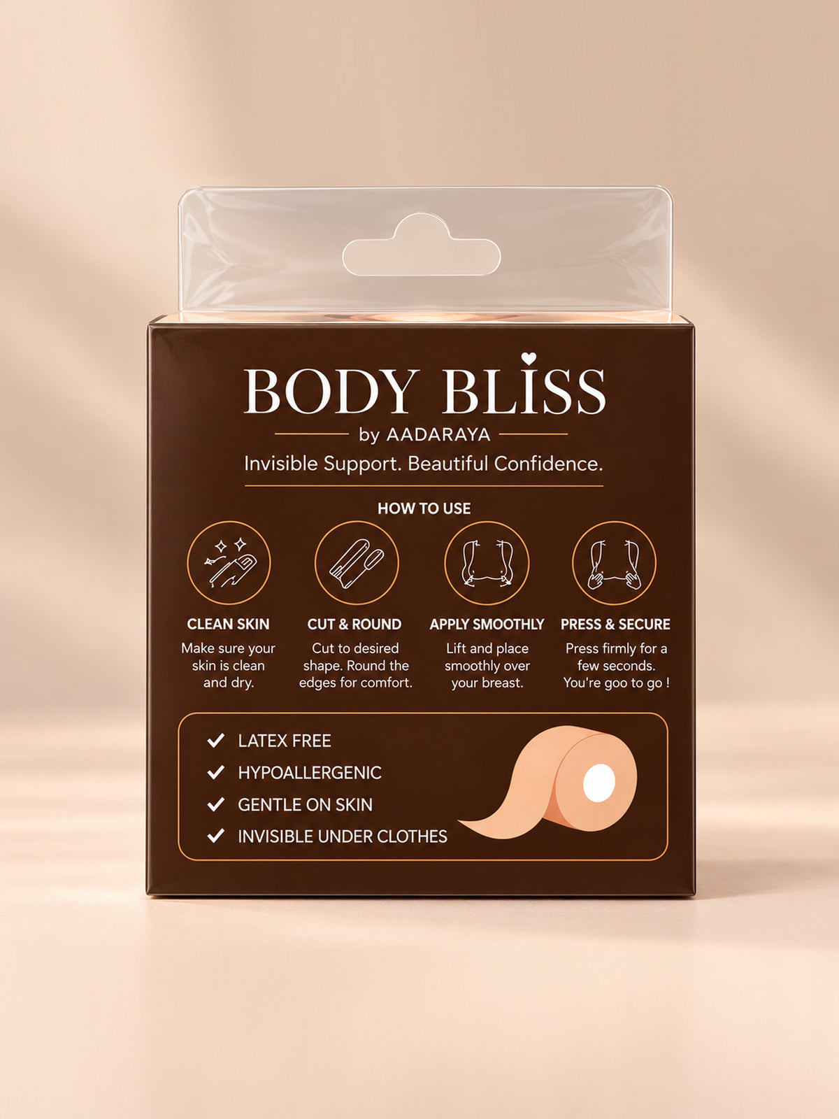 Mia boob tape in Nude - packaging back with how-to-use steps